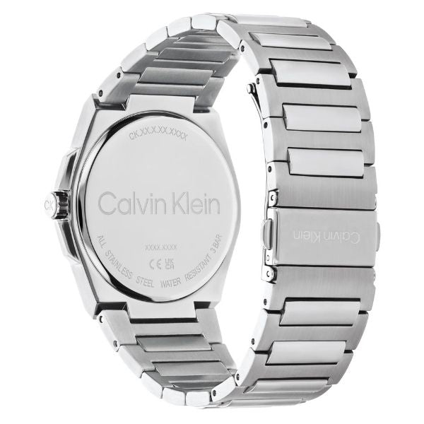  Reloj de hombre Calvin Klein Meta Minimal 25200456 de acero inoxidable plateado con esfera gris satinada y agujas en contraste azul.