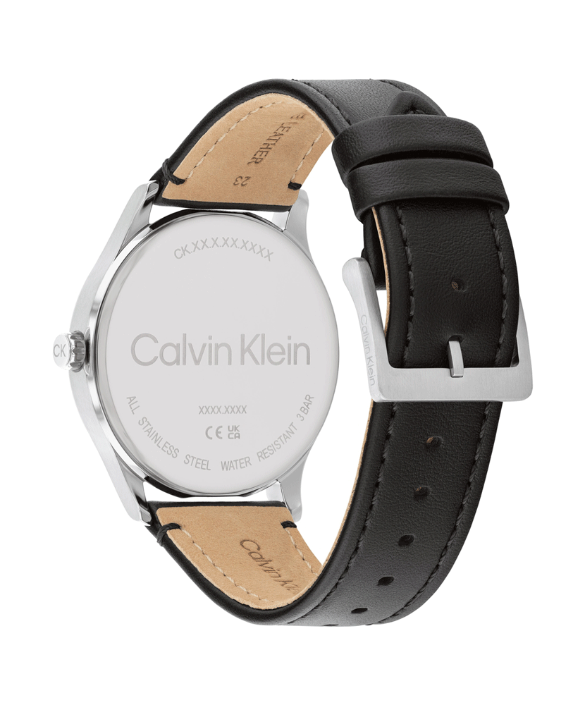  Reloj de hombre Calvin Klein Ascend 25200454 con caja plateada de acero inoxidable, esfera verde oliva degradada y correa de cuero negro. trasera