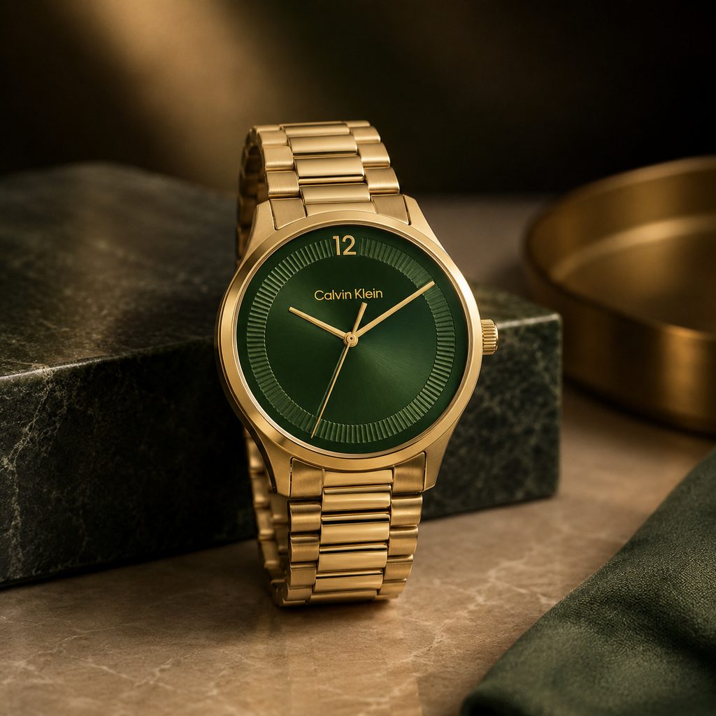  Reloj de hombre Calvin Klein Iconic 25200229 de acero inoxidable dorado con esfera verde esmeralda y brazalete de eslabones.