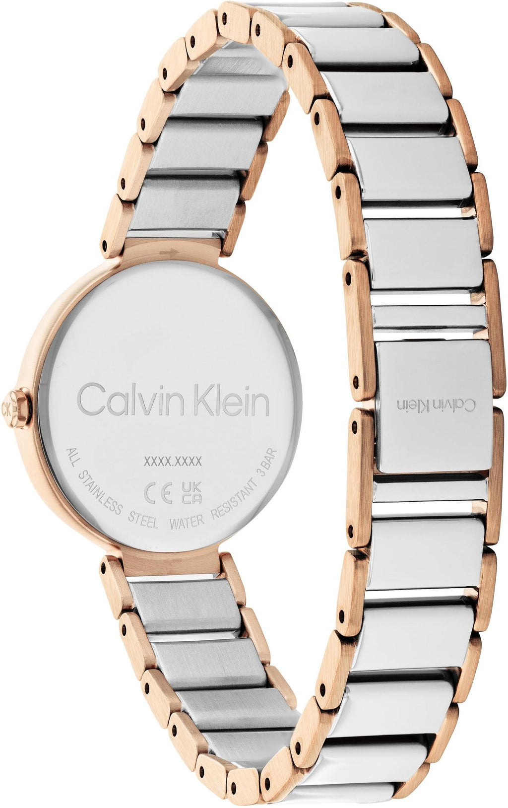 Reloj de mujer Calvin Klein Minimalistic 25200139 de acero inoxidable bicolor oro rosa y plata con esfera blanca y detalles de cristales en los índices. trasera
