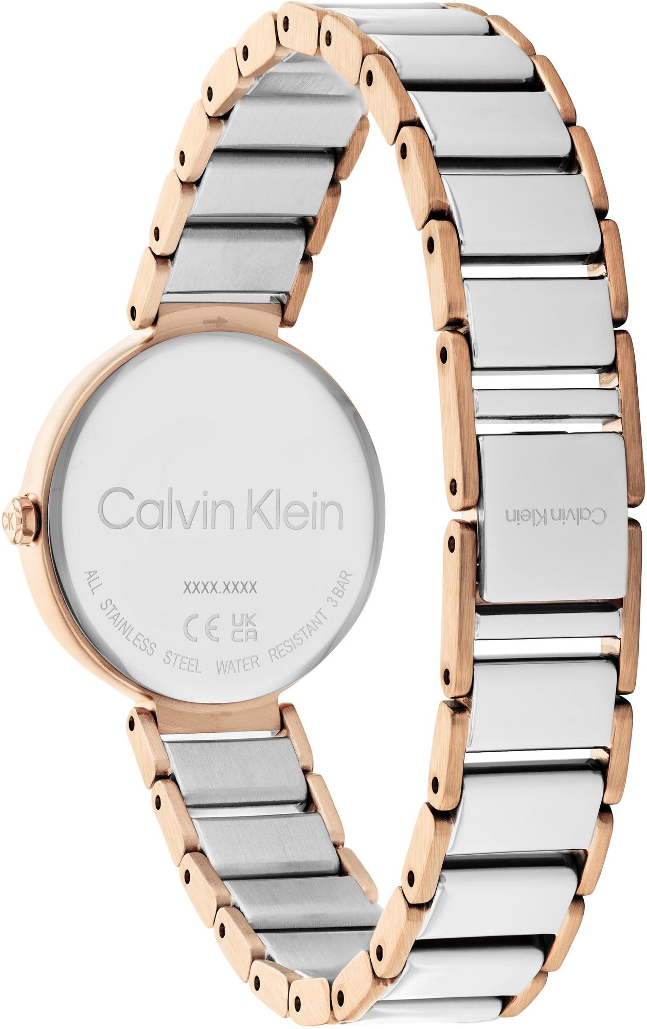 Reloj de mujer Calvin Klein Minimalistic 25200139 de acero inoxidable bicolor oro rosa y plata con esfera blanca y detalles de cristales en los índices. trasera