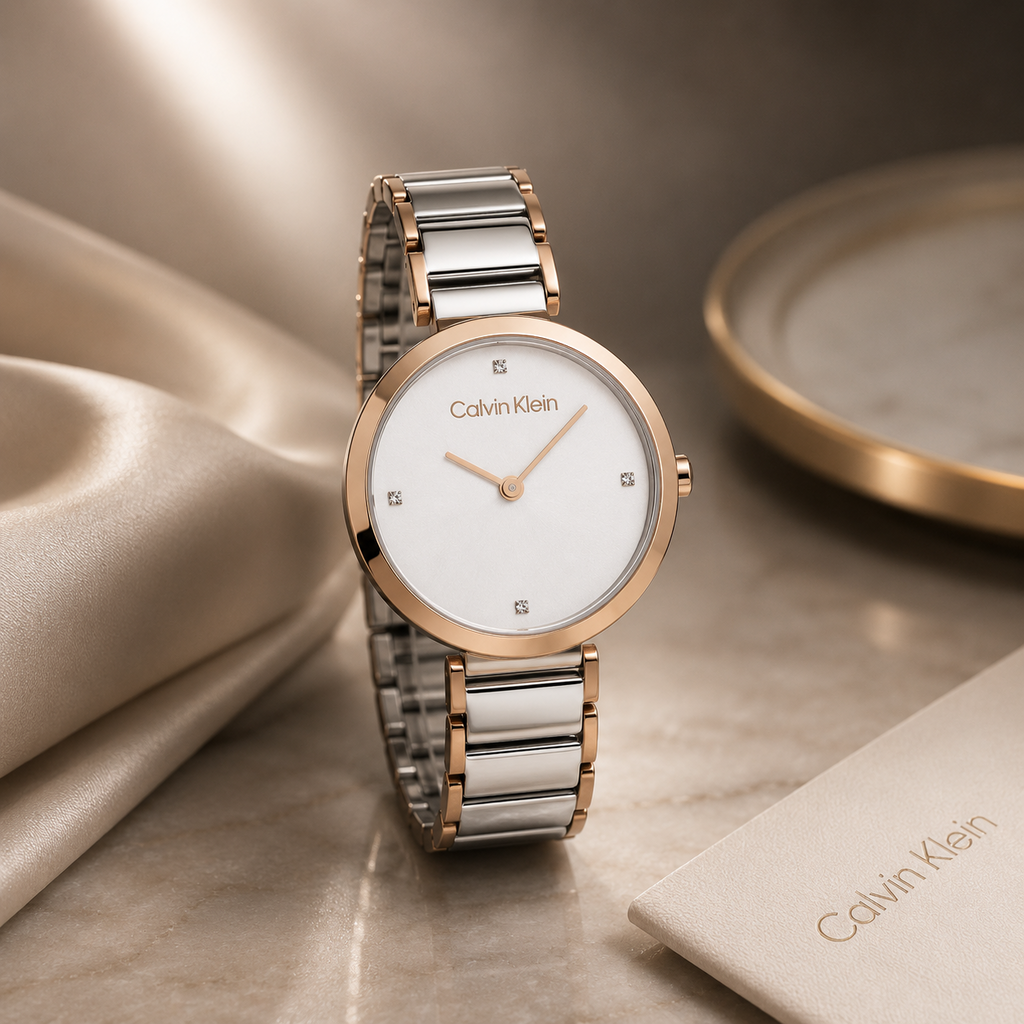 Reloj de mujer Calvin Klein Minimalistic 25200139 de acero inoxidable bicolor oro rosa y plata con esfera blanca y detalles de cristales en los índices.
