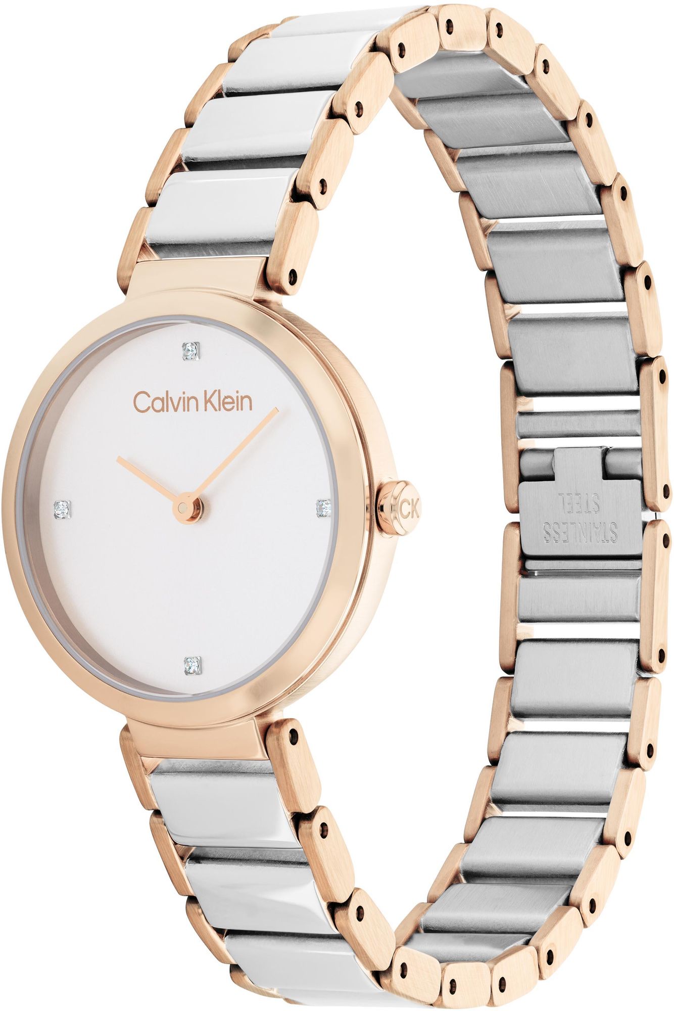 Reloj de mujer Calvin Klein Minimalistic 25200139 de acero inoxidable bicolor oro rosa y plata con esfera blanca y detalles de cristales en los índices. 