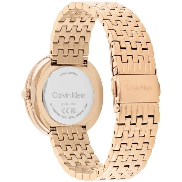 Reloj de mujer Calvin Klein Sculptural 25200322 de acero inoxidable en oro rosa con bisel retorcido esculpido y esfera blanca nácar.