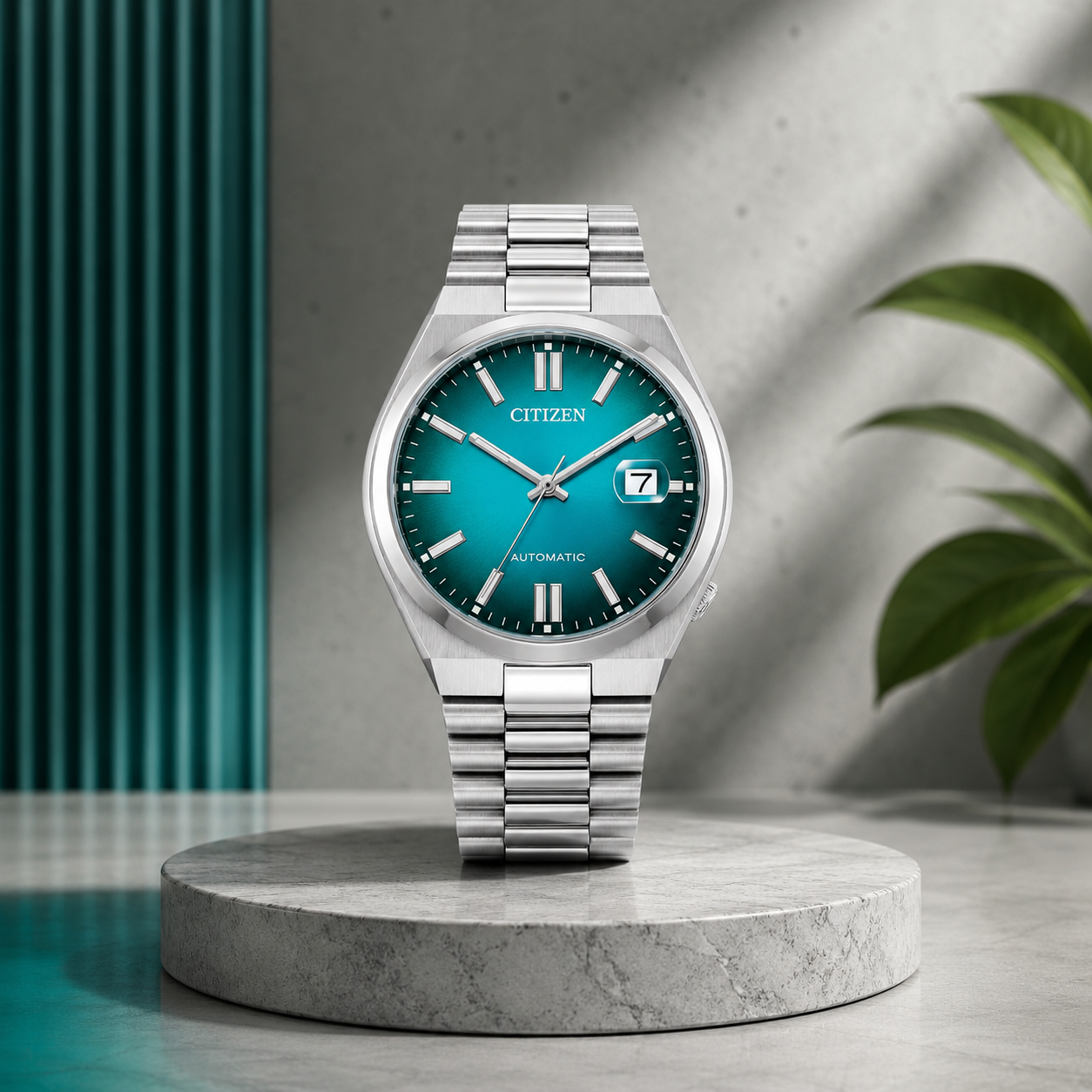 Reloj automático de hombre Citizen Tsuyosa NJ0151-53X de acero inoxidable con esfera azul turquesa degradada expuesto sobre un pedestal de piedra.