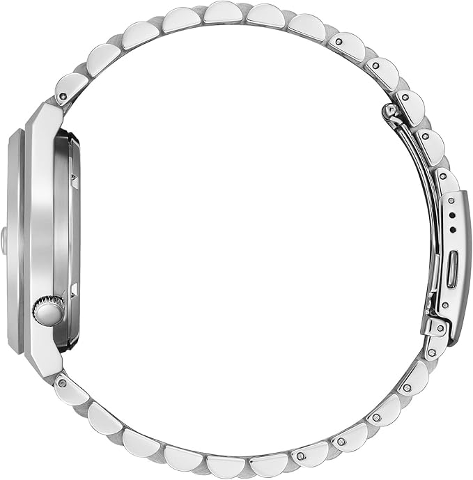 Reloj automático de hombre Citizen Tsuyosa NJ0151-53X de acero inoxidable con esfera azul turquesa degradada expuesto sobre un pedestal de piedra. lateral