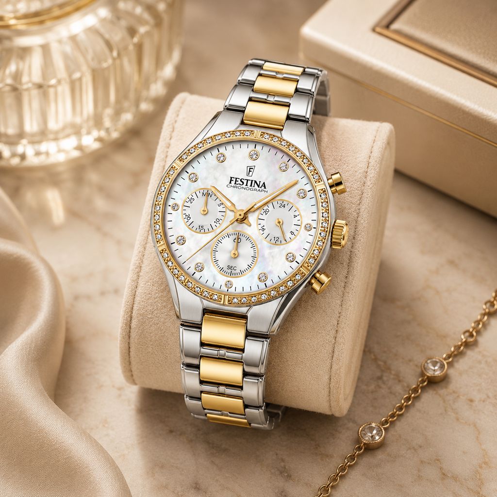 Reloj cronógrafo bicolor plata y oro Festina Boyfriend F20402/1 con esfera de nácar blanco y bisel de piedras brillantes sobre un cojín de terciopelo.