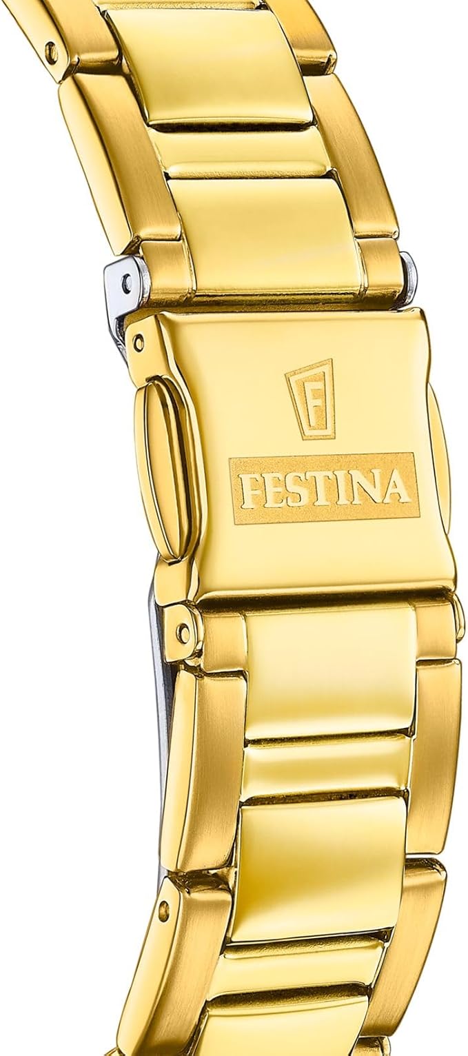  Reloj cronógrafo para mujer Festina Boyfriend F20609/6 de acero dorado con bisel de piedras brillantes y esfera verde esmeralda sobre mármol oscuro.