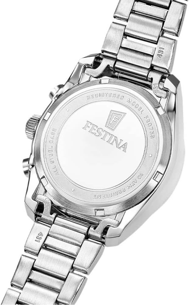 Reloj cronógrafo para mujer Festina Boyfriend F20753/7 de acero inoxidable con bisel de arcoíris degradado y subesferas de colores pastel. trasera