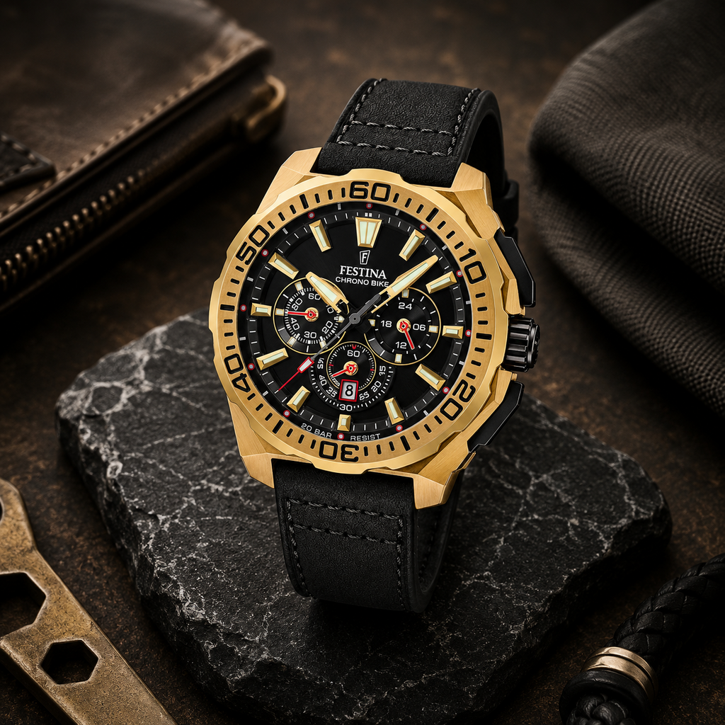 Reloj cronógrafo para hombre Festina Chrono Bike F20728/3 de acero inoxidable dorado con bisel deportivo y correa híbrida negra sobre piedra volcánica.