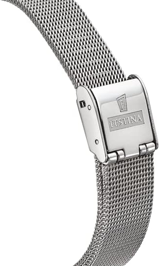 Reloj de mujer minimalista Festina Mademoiselle F20597/1 plateado con correa de malla milanesa y esfera con pequeños cristales brillantes.