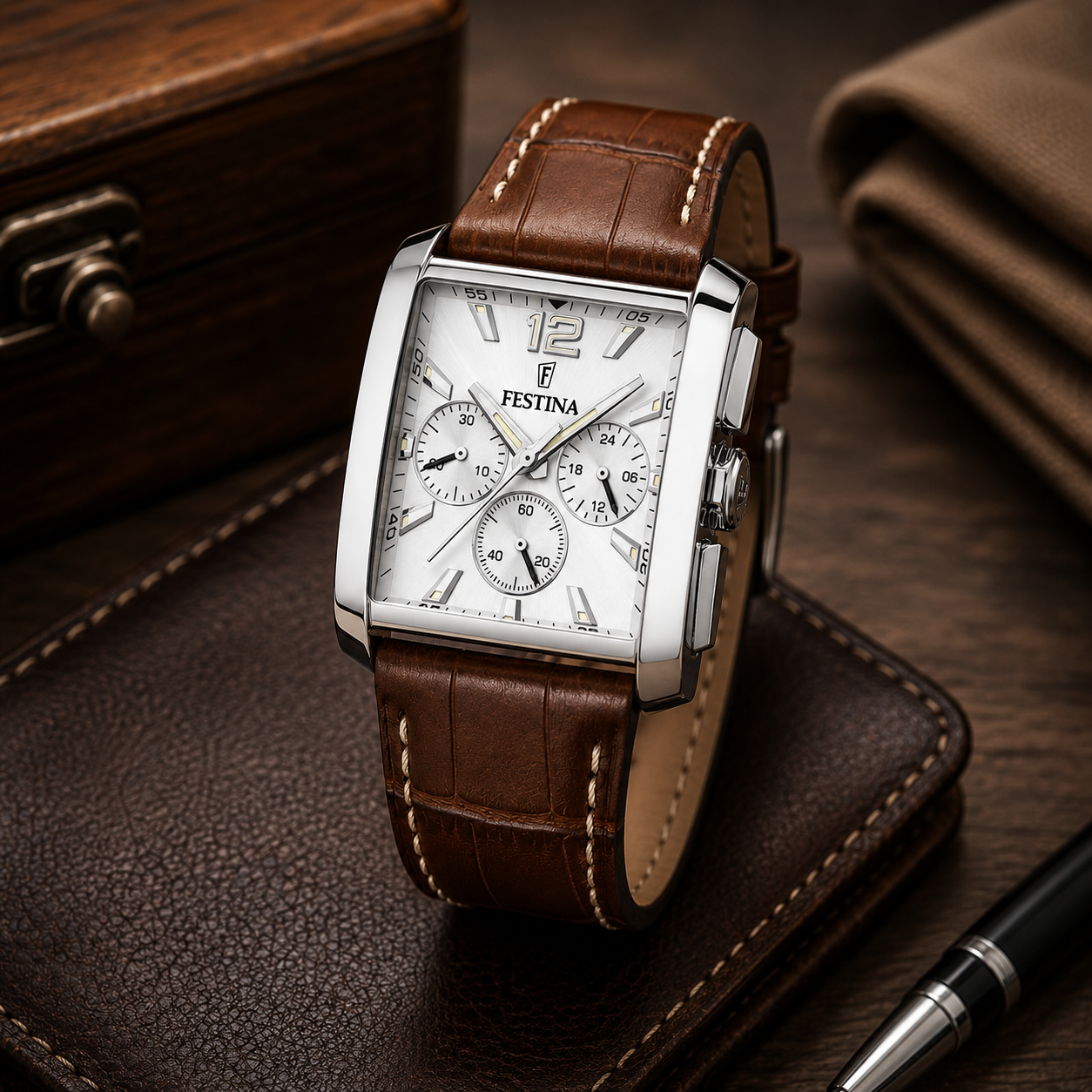 Reloj cronógrafo para hombre Festina Timeless Chronograph F20636/1 con caja cuadrada de acero plateado, esfera blanca y correa de cuero marrón con pespuntes blancos.