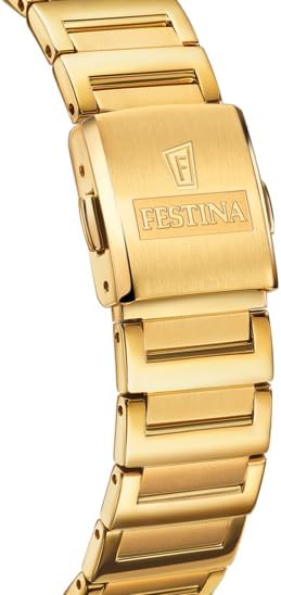 Reloj de mujer rectangular Festina On The Square F20680/1 de acero inoxidable dorado con esfera blanca y agujas azules sobre un pedestal de piedra.