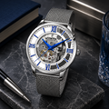 Reloj de hombre automático Festina Skeleton F20534/1 de acero inoxidable con esfera esqueleto, índices romanos azules y correa de malla milanesa.