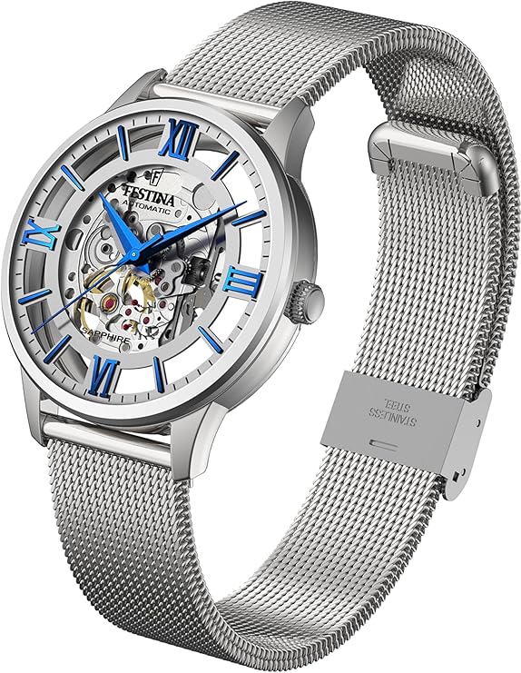 Reloj de hombre automático Festina Skeleton F20534/1 de acero inoxidable con esfera esqueleto, índices romanos azules y correa de malla milanesa.