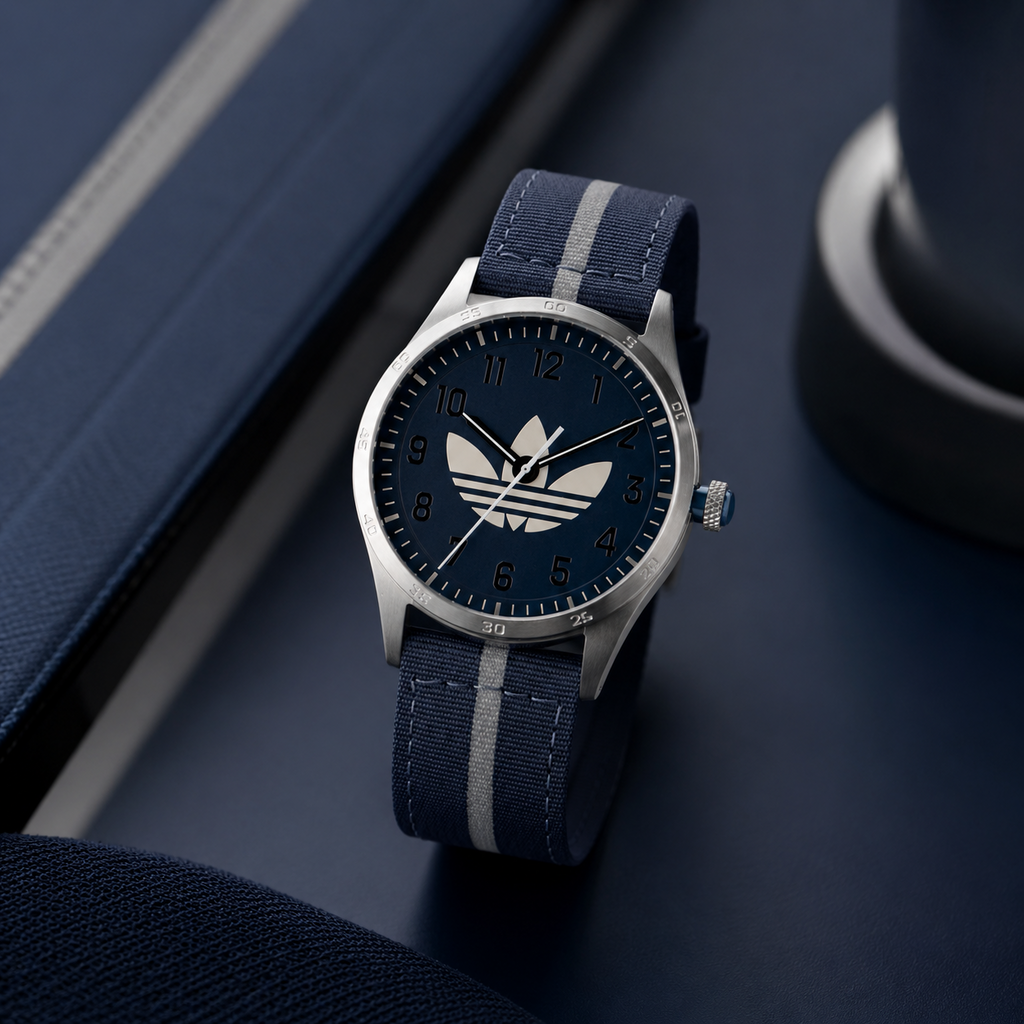 Reloj deportivo Adidas Code Four AOSY23041 con caja plateada de acero, dial azul marino con el gran logo del trébol y correa azul con franja gris central.
