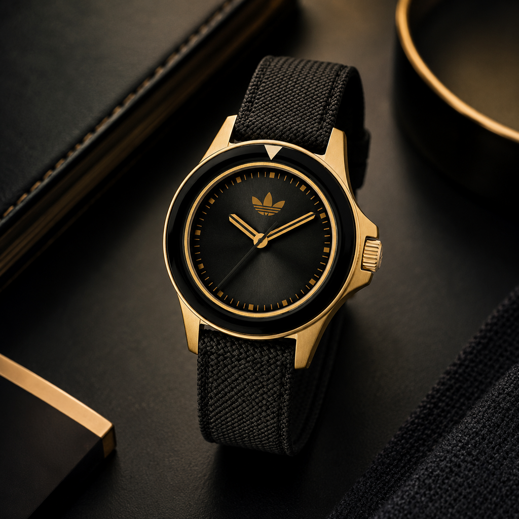  Reloj de lujo urbano Adidas Expression One AOFH23015 con caja de acero en tono dorado, esfera minimalista negra sin índices y correa de piel oscura.