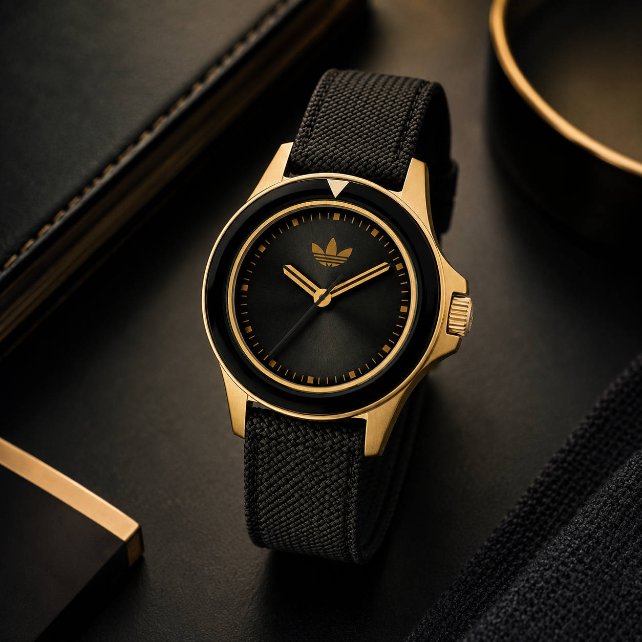  Reloj de lujo urbano Adidas Expression One AOFH23015 con caja de acero en tono dorado, esfera minimalista negra sin índices y correa de piel oscura.