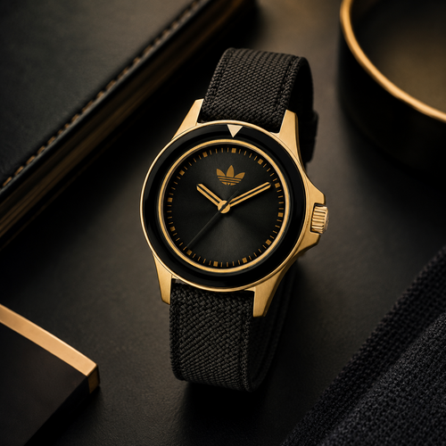  Reloj de lujo urbano Adidas Expression One AOFH23015 con caja de acero en tono dorado, esfera minimalista negra sin índices y correa de piel oscura.