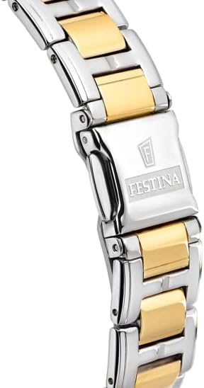 Reloj cronógrafo bicolor plata y oro Festina Boyfriend F20402/1 con esfera de nácar blanco y bisel de piedras brillantes sobre un cojín de terciopelo.