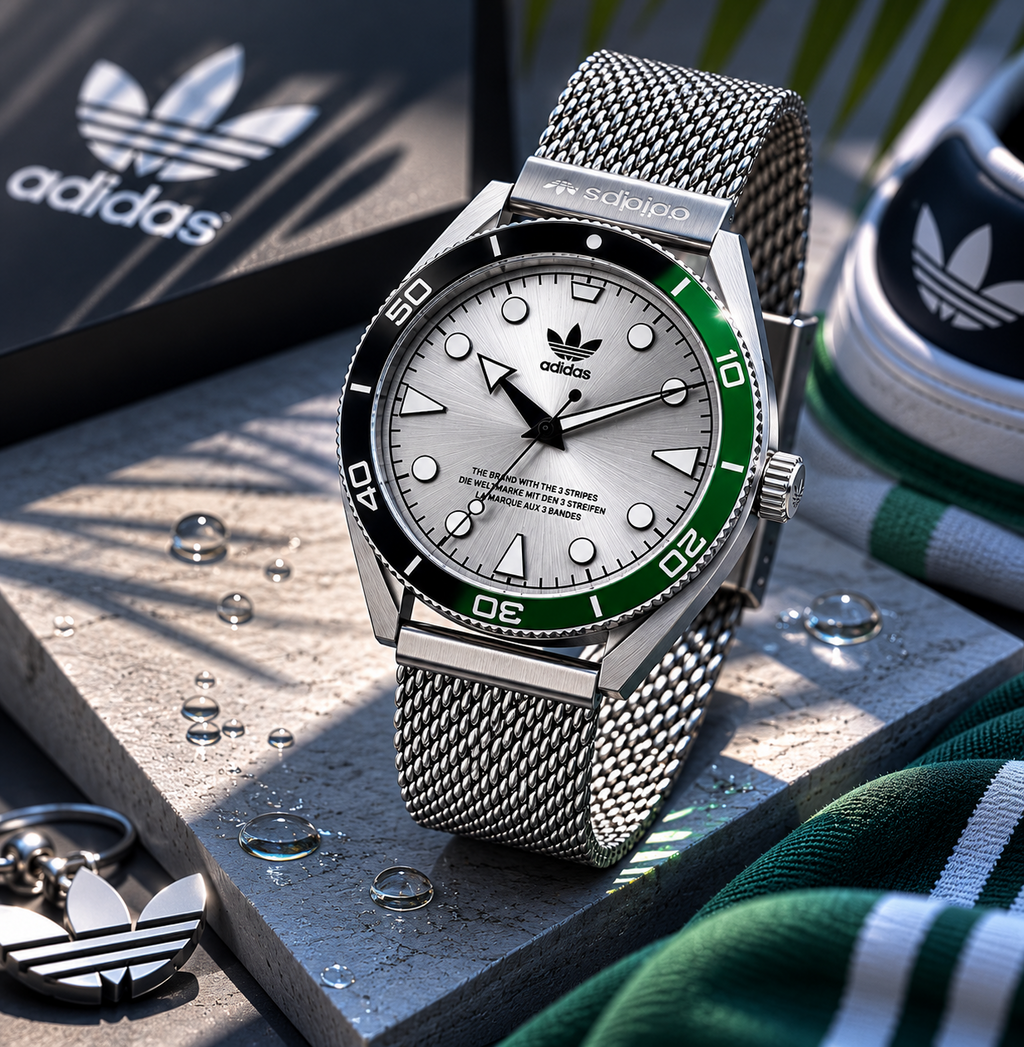Fotografía de producto del reloj deportivo Adidas Edition Two sobre bloques de hormigón con gotas de agua. El reloj destaca por su brazalete de malla milanesa plateada, esfera gris cepillada y bisel giratorio bicolor en negro y verde. Al fondo se aprecian un llavero con el trébol de Adidas y parte de unas zapatillas a juego.