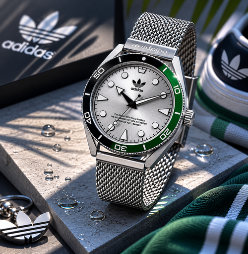 Fotografía de producto del reloj deportivo Adidas Edition Two sobre bloques de hormigón con gotas de agua. El reloj destaca por su brazalete de malla milanesa plateada, esfera gris cepillada y bisel giratorio bicolor en negro y verde. Al fondo se aprecian un llavero con el trébol de Adidas y parte de unas zapatillas a juego.