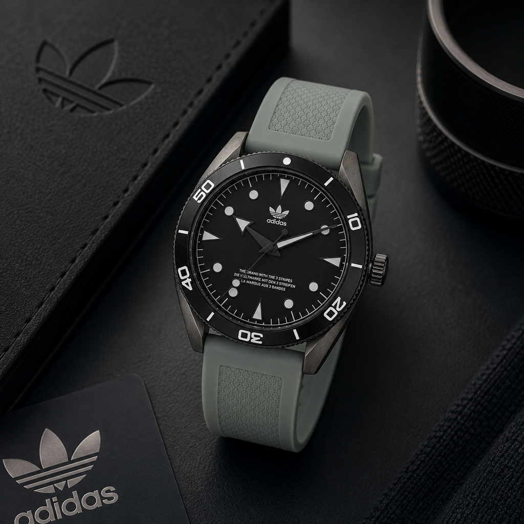 Reloj analógico deportivo Adidas Edition Two con correa de silicona gris claro y caja gris oscuro mate. El dial negro destaca con el logotipo del trébol y un bisel de buceo con números blancos. Se muestra sobre un fondo sofisticado junto a su estuche oficial de cuero.