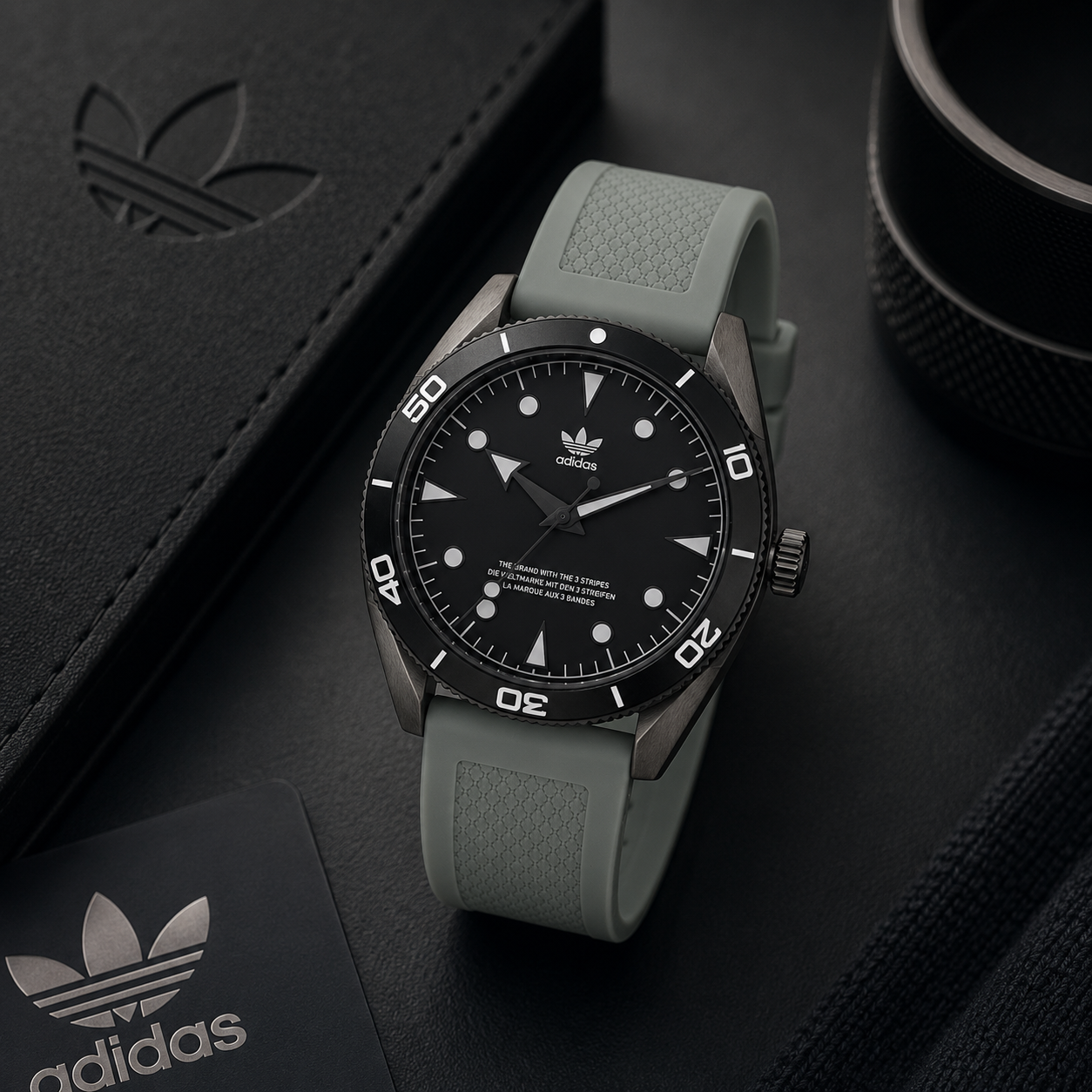 Reloj analógico deportivo Adidas Edition Two con correa de silicona gris claro y caja gris oscuro mate. El dial negro destaca con el logotipo del trébol y un bisel de buceo con números blancos. Se muestra sobre un fondo sofisticado junto a su estuche oficial de cuero.