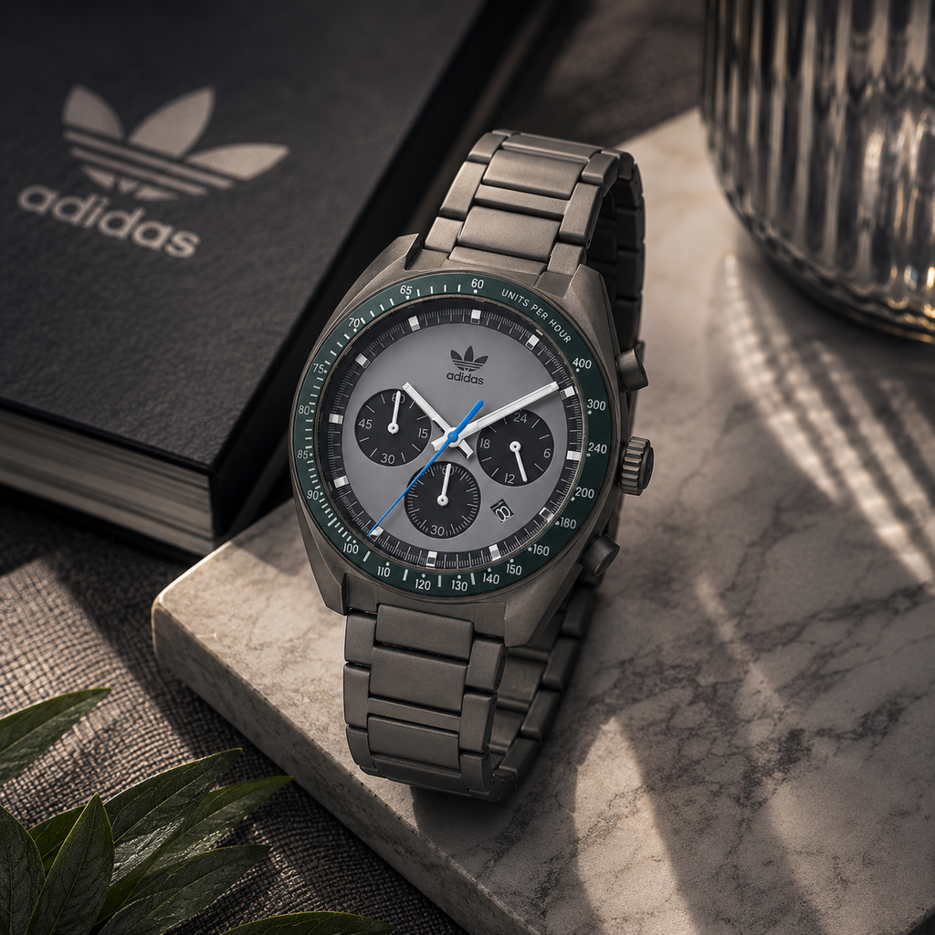 Fotografía de producto del reloj Adidas Originals AOFH22007 sobre una base de mármol. El reloj cuenta con caja redonda de 40 mm y correa de acero en color gris, dial gris con subesferas negras, manecilla azul eléctrico y bisel verde con escala taquimétrica. Al fondo se aprecia un cuaderno negro con el logotipo del trébol de Adidas.