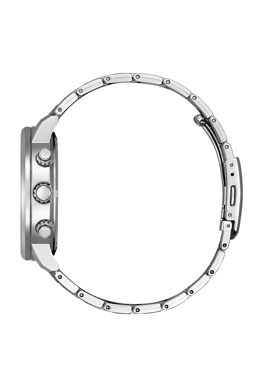  Reloj cronógrafo de hombre Citizen Chrono Eco-Drive CA0840-87E de acero inoxidable con esfera negra texturizada e indicadores de taquímetro en plano detalle. lateral