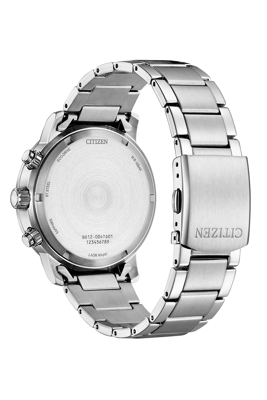  Reloj cronógrafo de hombre Citizen Chrono Eco-Drive CA0840-87E de acero inoxidable con esfera negra texturizada e indicadores de taquímetro en plano detalle. trasera