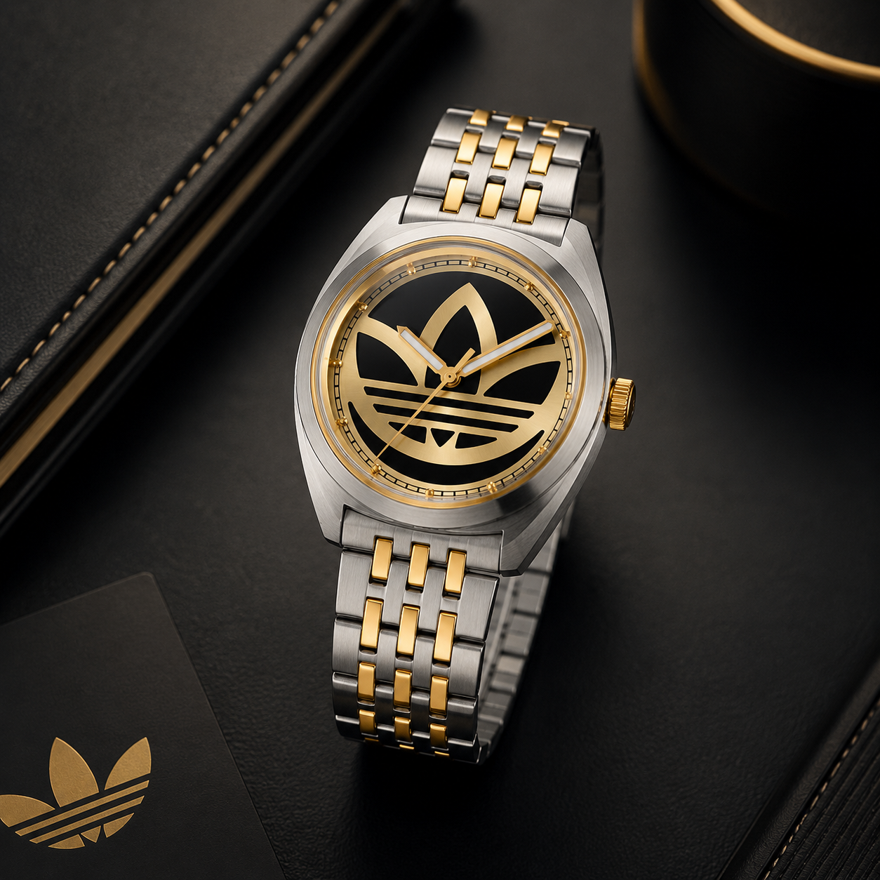Fotografía de producto en primer plano del reloj Adidas Edition One AOFH23010. Destaca su caja de acero redonda con bisel interno dorado, esfera negra con un gran trébol de Adidas en oro amarillo y brazalete de eslabones bicolor plata y oro. Reposa sobre un estuche de cuero negro junto a una tarjeta con el logotipo dorado