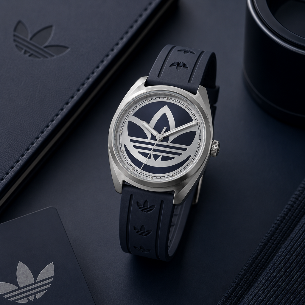 Fotografía de primer plano del reloj para hombre Adidas Edition One AOFH23014 colocado sobre una agenda de cuero negro con el logotipo del trébol grabado. El reloj destaca por su correa de silicona negra con logotipos en relieve, caja de acero plateado cepillado y un gran trébol plateado sobre un dial negro.
