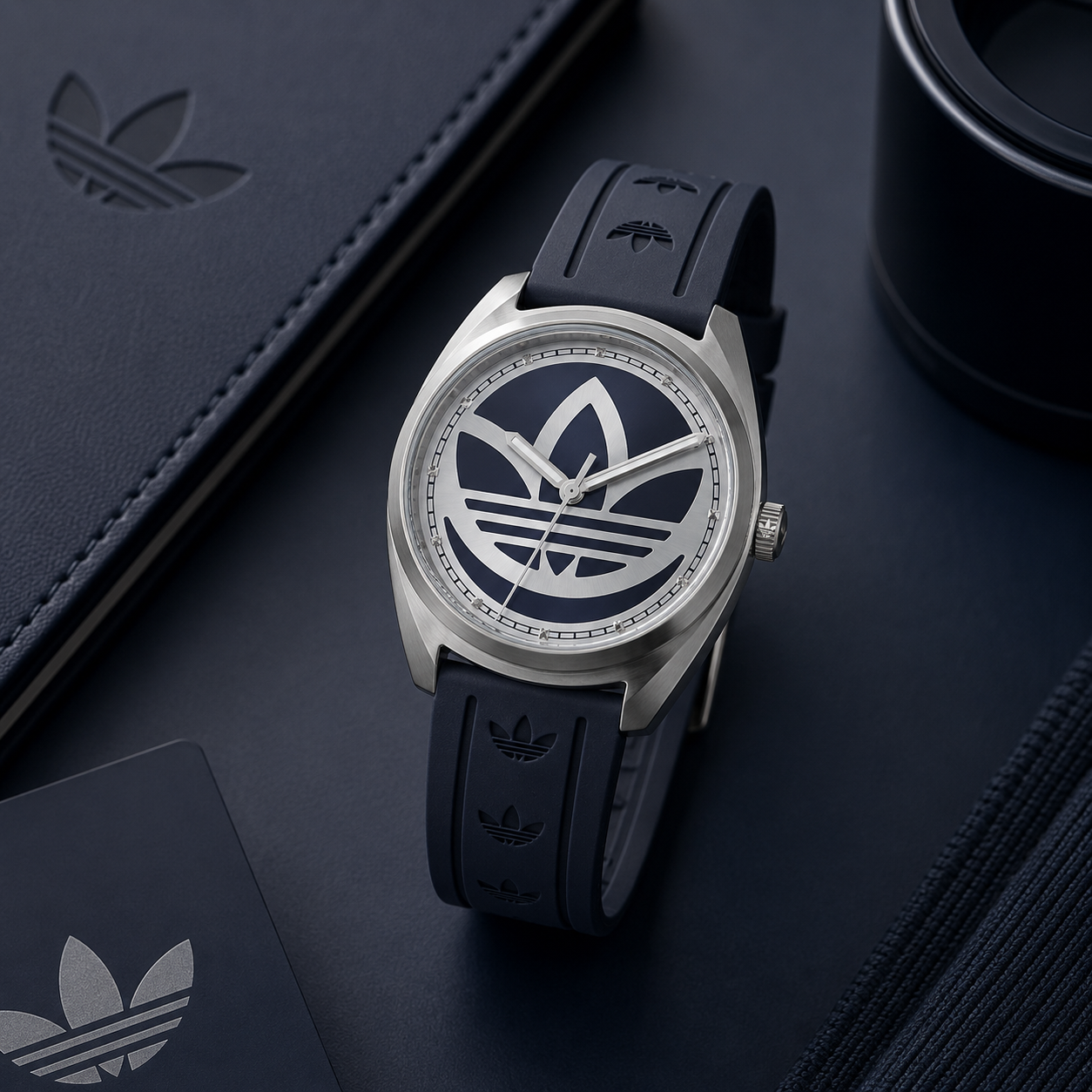 Fotografía de primer plano del reloj para hombre Adidas Edition One AOFH23014 colocado sobre una agenda de cuero negro con el logotipo del trébol grabado. El reloj destaca por su correa de silicona negra con logotipos en relieve, caja de acero plateado cepillado y un gran trébol plateado sobre un dial negro.