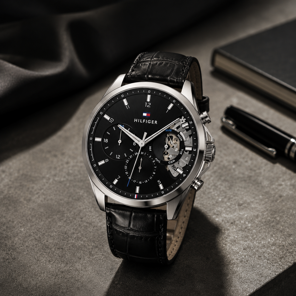 Reloj de hombre Tommy Hilfiger Baker 1710449 con caja de acero inoxidable plateada, dial negro con maquinaria a la vista y correa de cuero negro.