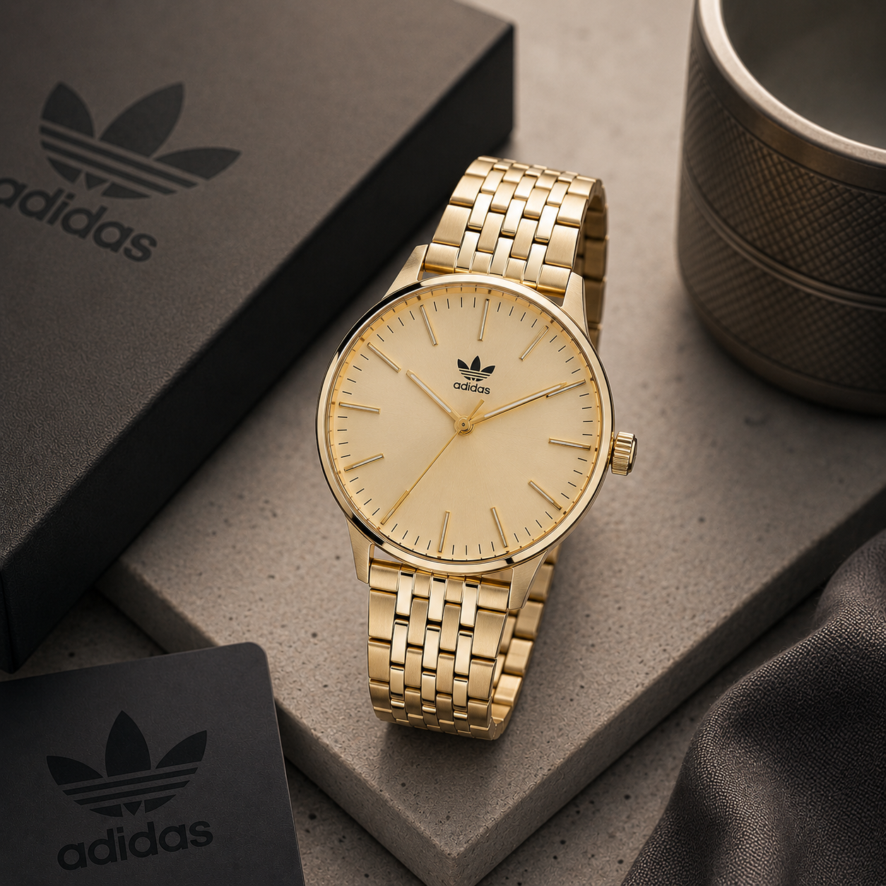 Reloj de mujer Adidas Code One AOSY22024 con caja y brazalete articulado de acero en tonalidad áurea y dial minimalista color champagne satinado.
