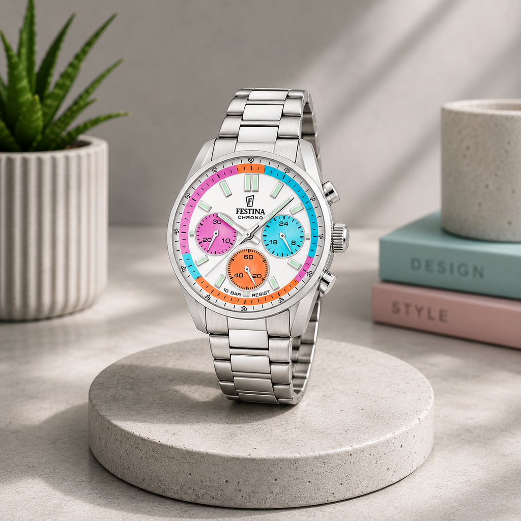 Reloj cronógrafo para mujer Festina Boyfriend F20753/7 de acero inoxidable con bisel de arcoíris degradado y subesferas de colores pastel.