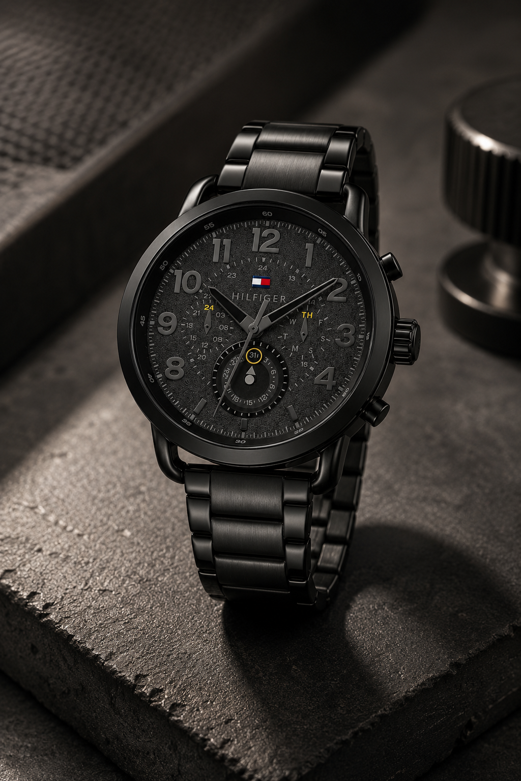 Reloj de hombre Tommy Hilfiger Briggs 1791423 totalmente negro de acero inoxidable con esfera texturizada oscura y tres subesferas multifunción.