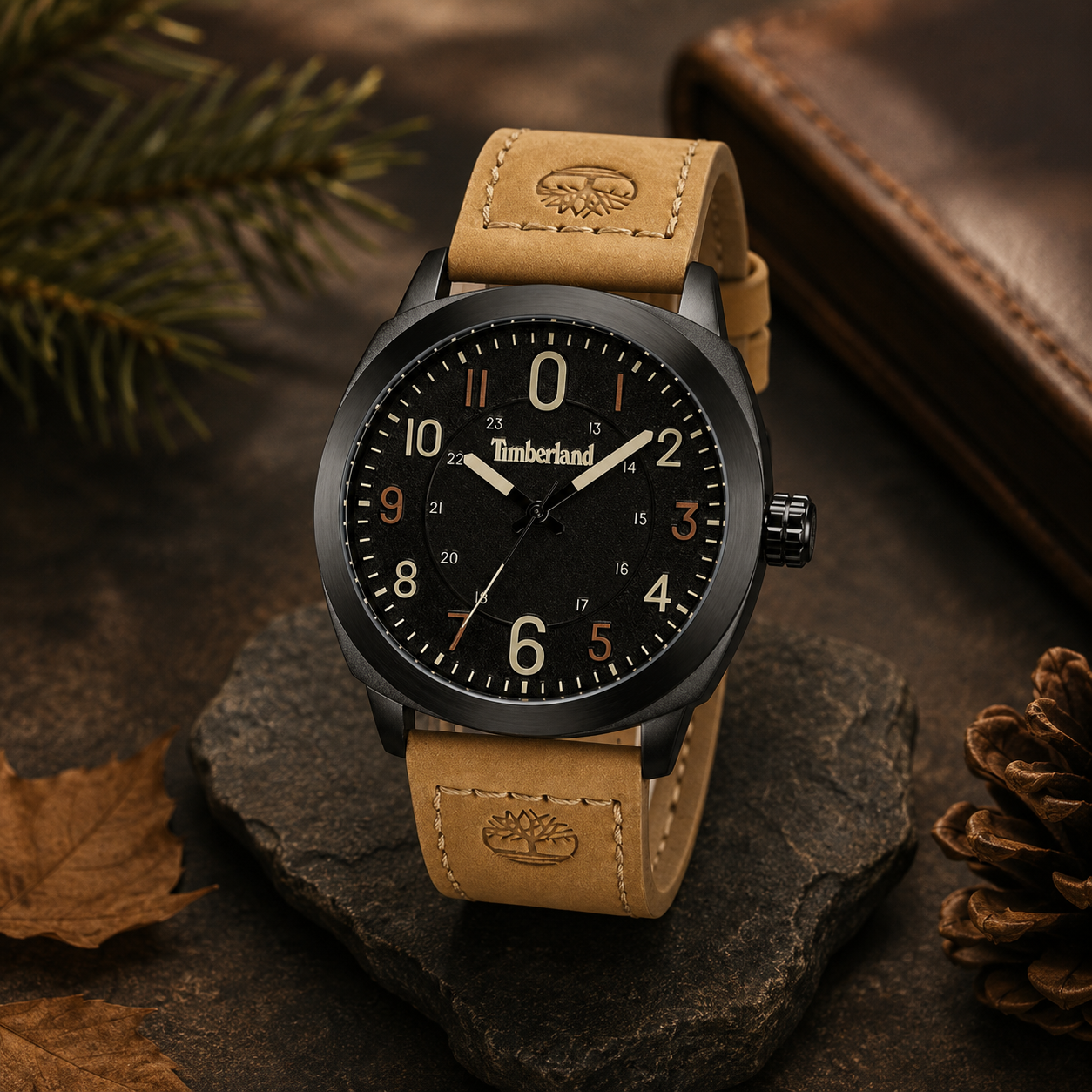 Reloj de hombre Timberland Cillicothe TDWGA9001901 negro con esfera de aviador, números grandes e indicadores naranjas en contraste sobre una piedra natural.
