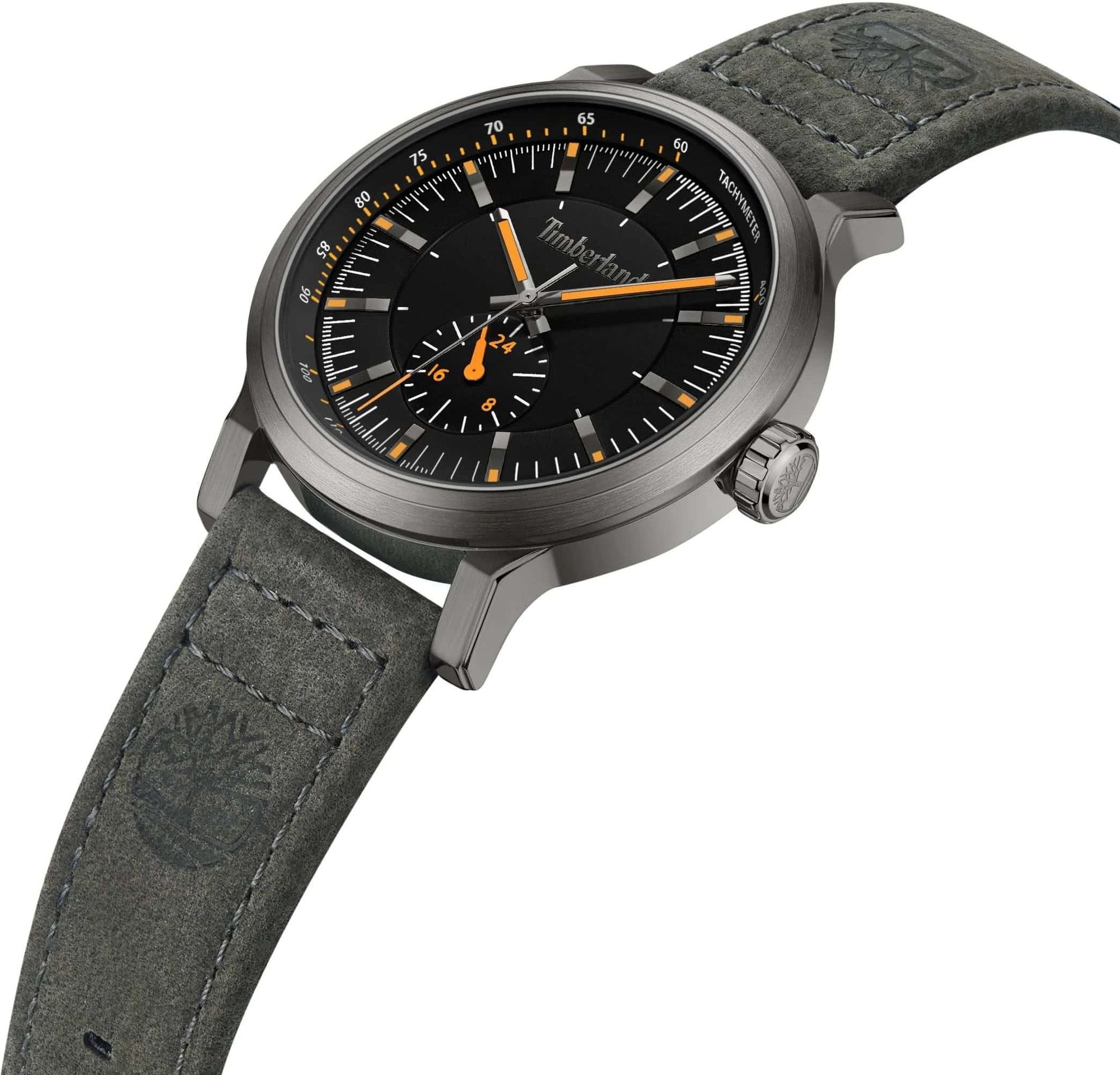  Reloj de hombre Timberland Driscoll TDWGF2231003 de acero inoxidable gris con esfera texturizada, detalles naranjas y correa de cuero nobuk gris oscuro.