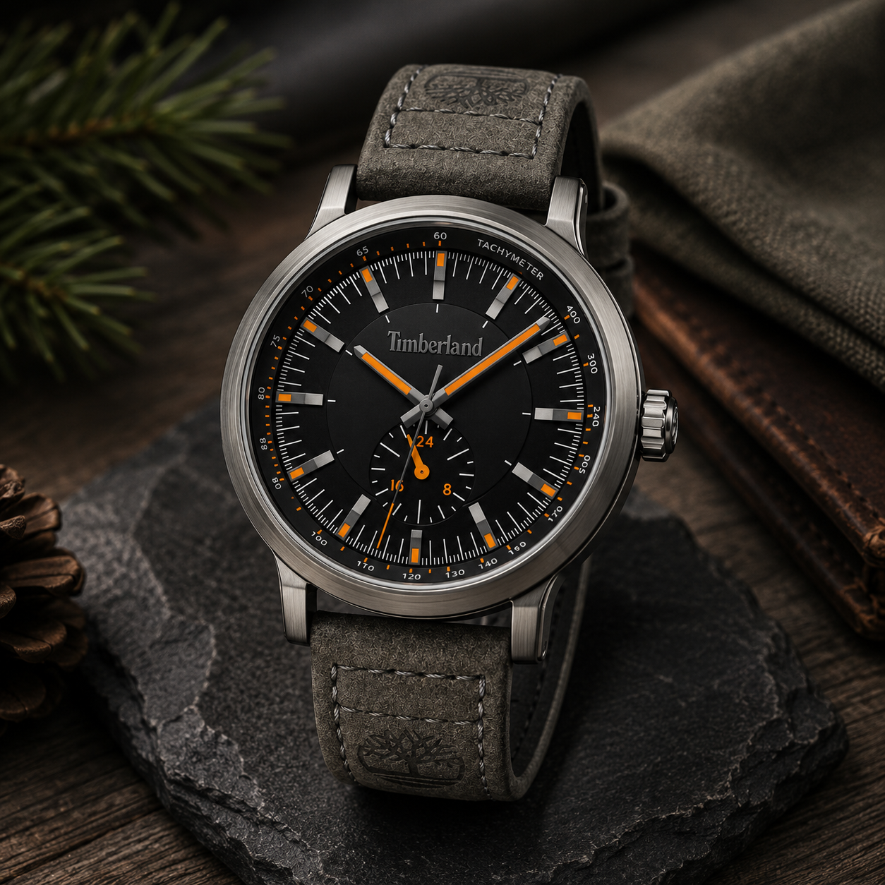  Reloj de hombre Timberland Driscoll TDWGF2231003 de acero inoxidable gris con esfera texturizada, detalles naranjas y correa de cuero nobuk gris oscuro.