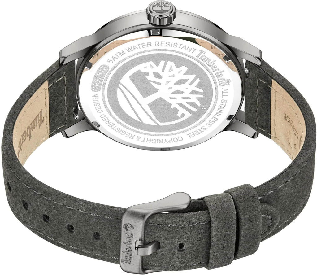  Reloj de hombre Timberland Driscoll TDWGF2231003 de acero inoxidable gris con esfera texturizada, detalles naranjas y correa de cuero nobuk gris oscuro.