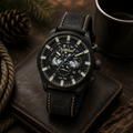  Reloj multifunción para hombre Timberland Henniker III TDWGF2100601 de acero inoxidable negro con correa de cuero oscuro grabado sobre un fondo rústico.