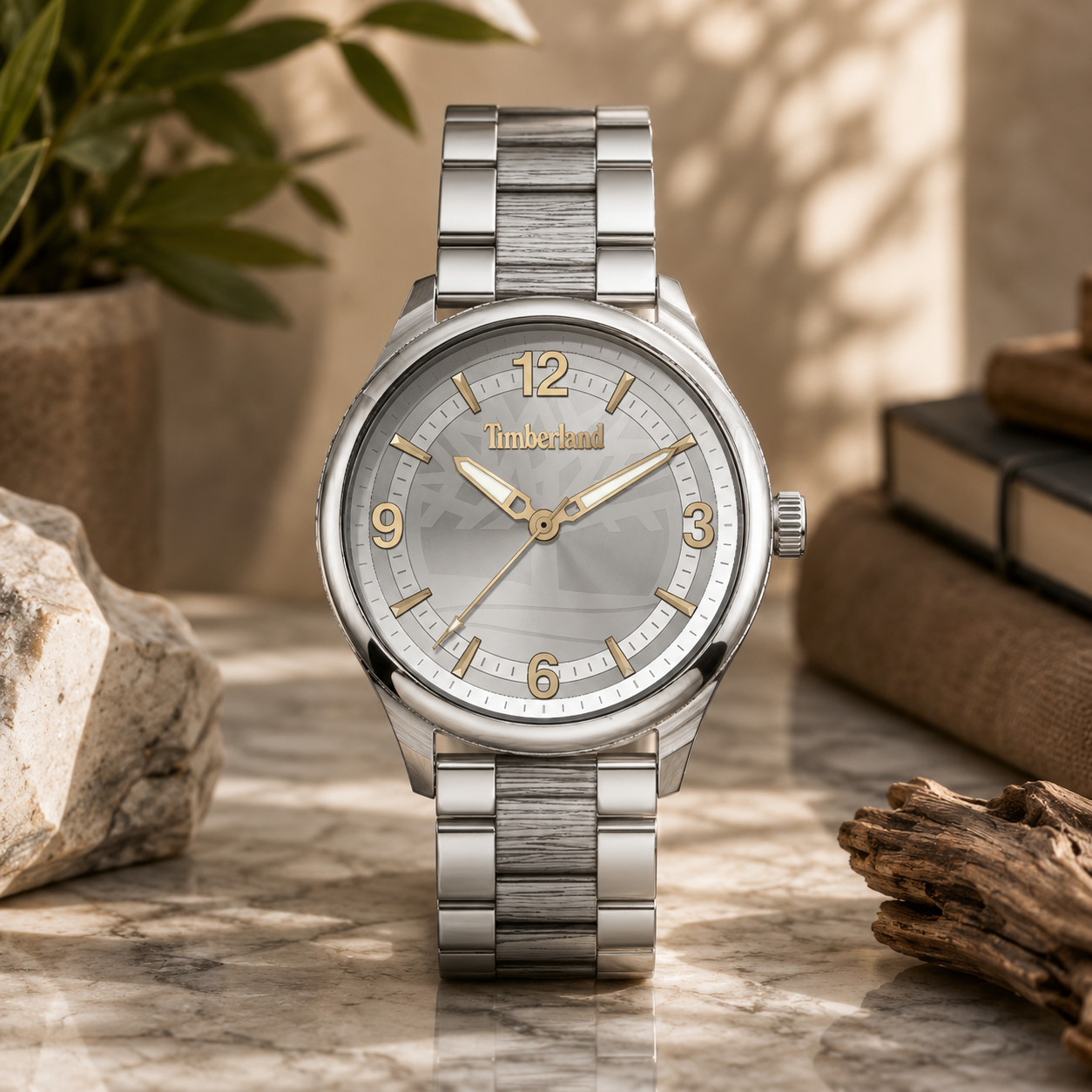  Reloj unisex Timberland Henniker II TDWLG2104106 de acero inoxidable plateado con esfera gris claro, números dorados y brazalete de eslabones.