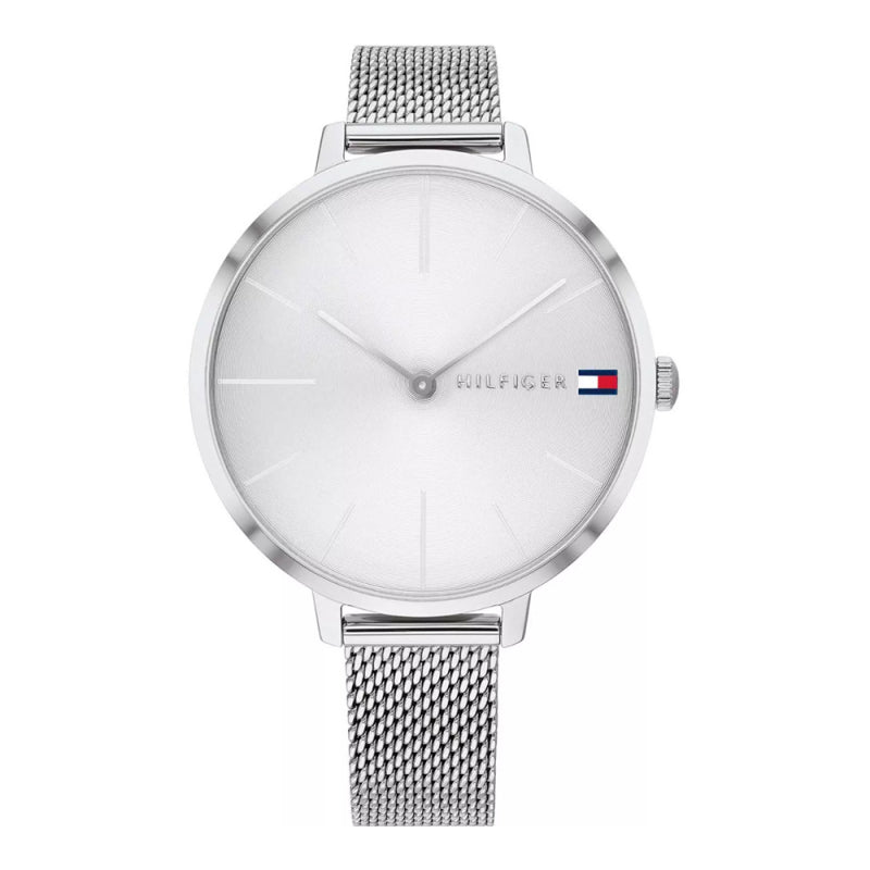  Reloj de mujer Tommy Hilfiger Alexa 1782163 plateado con correa de malla milanesa y esfera minimalista sobre superficie de mármol negro.