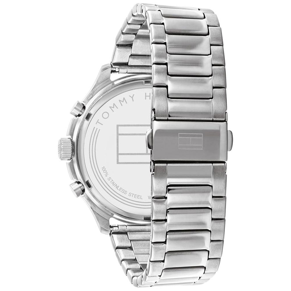 Reloj de hombre Tommy Hilfiger Asher 1791852 cronógrafo de acero inoxidable plateado sobre un cojín de cuero negro con esfera negra. trasera