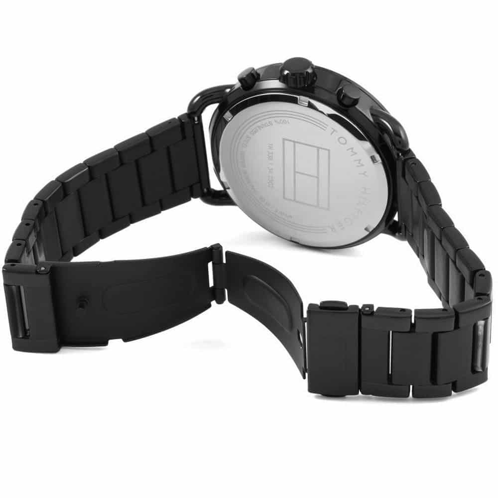 Reloj de hombre Tommy Hilfiger Briggs 1791423 totalmente negro de acero inoxidable con esfera texturizada oscura y tres subesferas multifunción. trasera