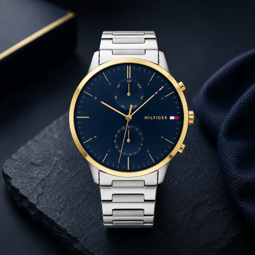 Reloj de hombre Tommy Hilfiger Hunter 1710408 de acero inoxidable plateado con bisel dorado, esfera azul marino y subesferas indicadoras.