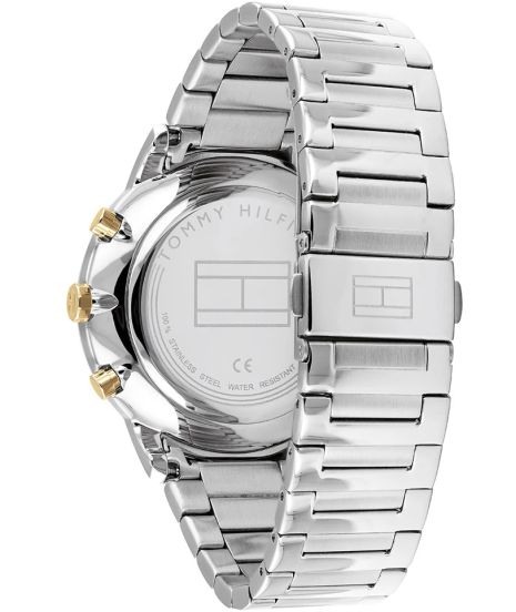Reloj de hombre Tommy Hilfiger Hunter 1710408 de acero inoxidable plateado con bisel dorado, esfera azul marino y subesferas indicadoras.