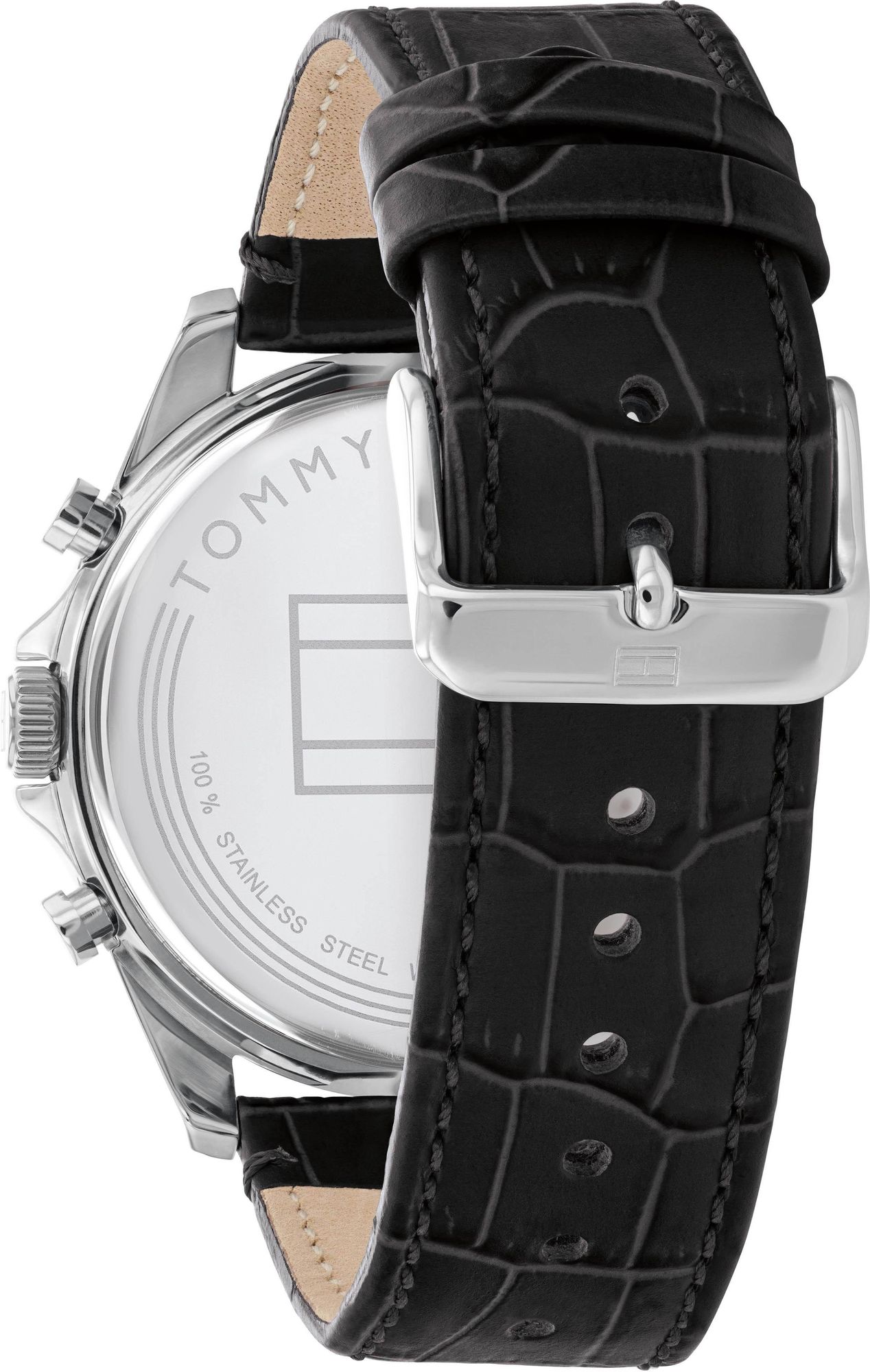 Reloj de hombre Tommy Hilfiger Baker 1710449 con caja de acero inoxidable plateada, dial negro con maquinaria a la vista y correa de cuero negro.
